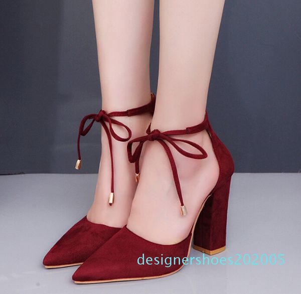 

pointed foreign trade large size suede high heels lace women's shoes thick with temperament baotou sandals women d05, Black