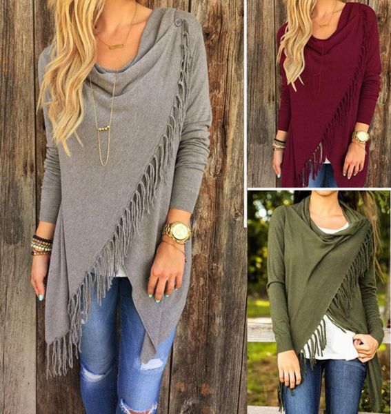 

women irregular tassel long sleeve cardigans crops shirt casual tees hem tassel cardigan cape poncho ljjo7141, Black