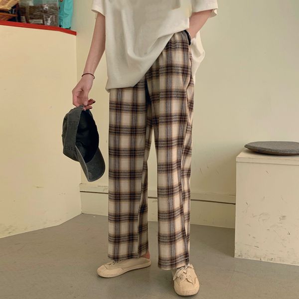 

retro plaid patchwork trousers harajuku female growth pants elastic band high waist pants korean straight checkerboard, Black;white