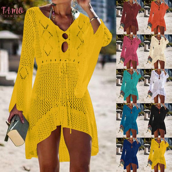 

2020 beach dress cover up hollow crochet knitted beachwear dresses tunic solid long pareos summer see through sundress, Black;gray