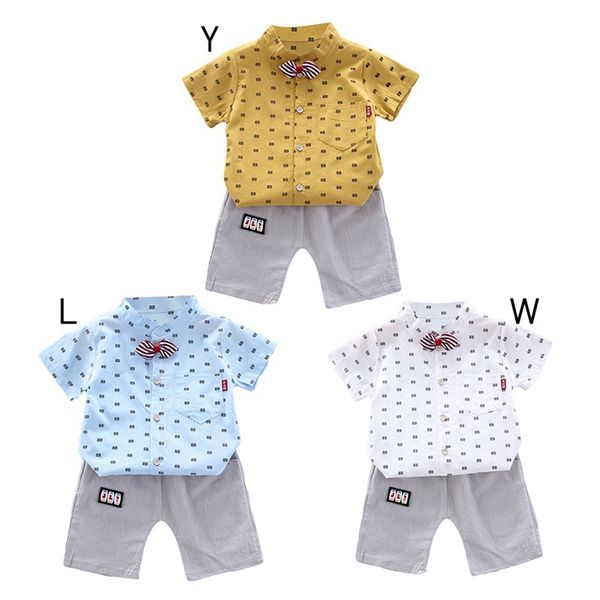 

baby clothes gentleman boys short sleeve crescent print bow tie shirt + shorts, White