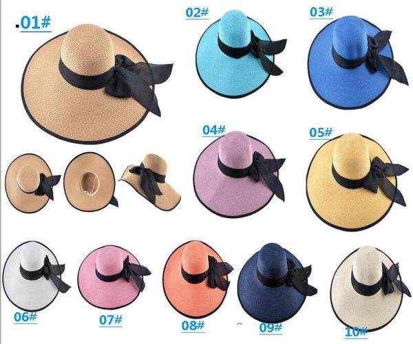 

fashion women's ribbon sun straw beach hat cap large floppy folding wide brim cap beach panama hats, Yellow