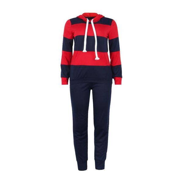 

wholesale-long sleeve stripe patchwork hooded blouse+long pants suit ladies 2pcs winter sportwear running sets for outdoor, Black;blue