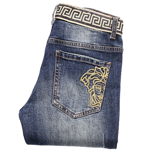 

2019 pring and ummer men 039 kinny jean embroidered hole lim fa hion de igner traight ripped wa hed jean ca ual trou er men, Blue