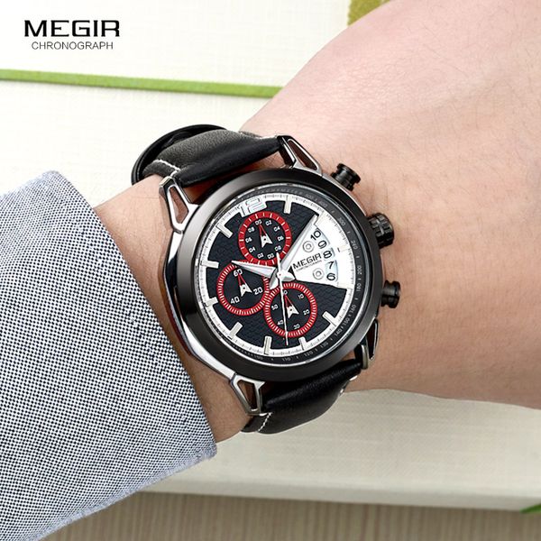 

megir men's chronograph quartz watches leather strap waterproof sports analogue wrist watch for man luminous hands 2071gs-bk-1, Slivery;brown