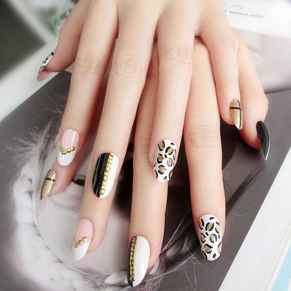 

24pcs leopard pattern fake nails art tips acrylic nail false full cover manicure fashion decor for girls, Red;gold