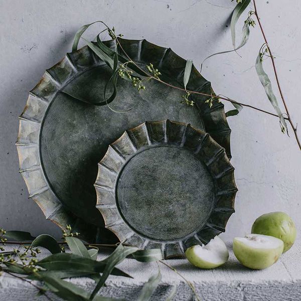 

unique floral rim handcrafted vintage antique metal tray ribboned round iron tray rustic retro for home church wedding