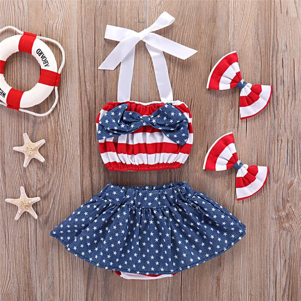 

4th of july newborn baby girls clothes skirt sets stripe halter + star skirts toddler outfits fourth of july children clothes set 4pcs, White