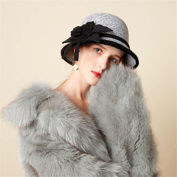 

fashion women french bowler vintage keep warm party hat floral beret french style painter hat cap sombrero fedora wool, Blue;gray