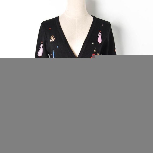 

spring summer embroidered sweater cartoon mermaid princess v-neck wild long-sleeved knitted cardigan women outerwear t90520, White