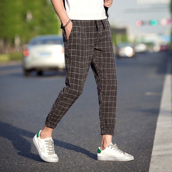 

comfortable nice casual plaid ankle-length pants men trousers hip hop jogger pants men sweatpants japanese streetwear, Black