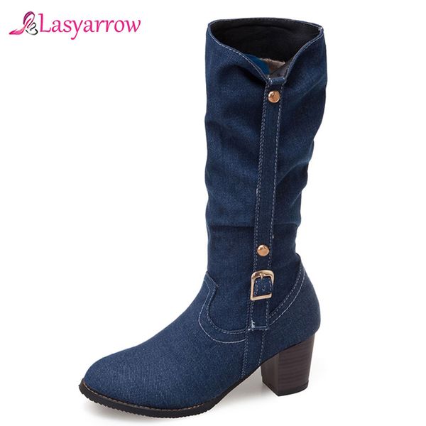 

lasyarrow blue black denim buckle strap mid calf high western winter womens boots block high heels ladies shoes footwear j1033