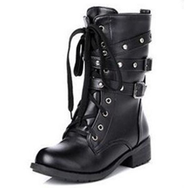 

plus size 41 42 motorcycle boots women biker pu leather boots ladies vintage combat autumn army punk goth women, Black