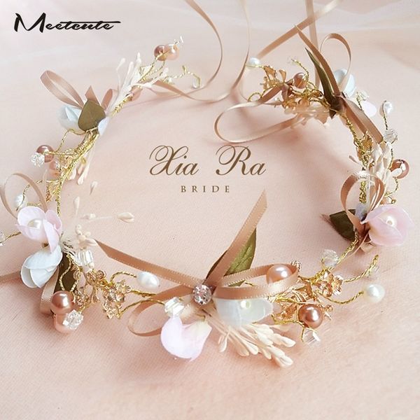 

meetcut bow tie girls bridal headband imitated pearl hair headdress flower wreath bride garland head hoop wedding hair jewelry, Golden;white