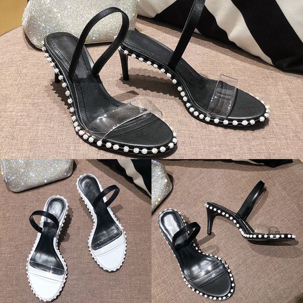 

designer womens sandals luxury black white pearl high heels slippers pvc summer fashion with box size 35-40