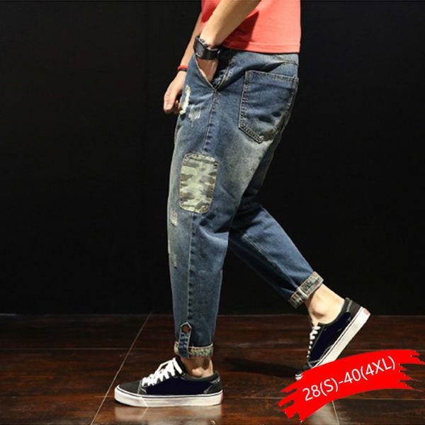 

fashion patchwork ripped men's jeans boys loose casual holes ankle-length harem pants jeans trousers large size 28-42, Blue