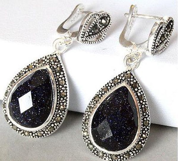 

the lady of 925 silver natural blue sand jade marcasita, earrings, Golden