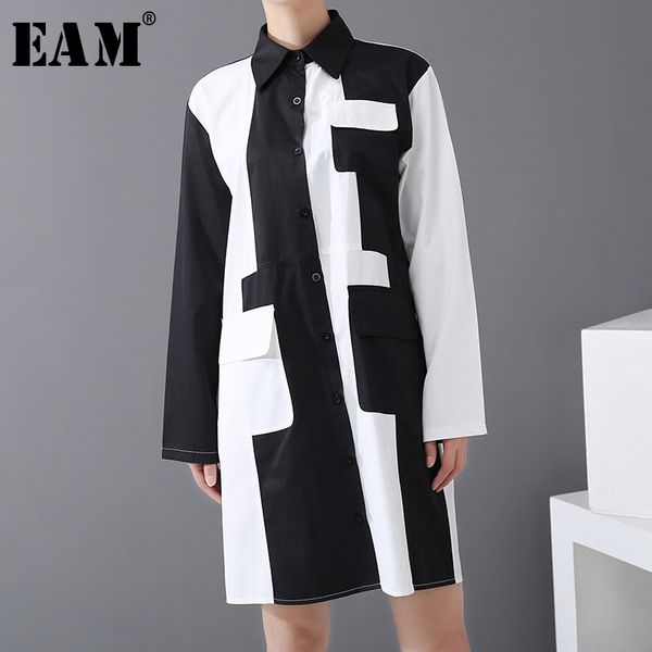 

eam] женщины черный контрастный цвет сплит рубашка платье новый лацкан с длинным рукавом свободный покрой мода прилив весна осень 2020 1r30, Black;gray