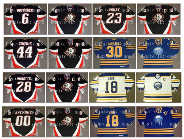 

vintage buffalo sabres jerseys 28 donalddm barrasso 44 alexei zhitnik 30 tom barrasso 6 bob boughner 23 chris drury 18 drury gare hockey, Black;red
