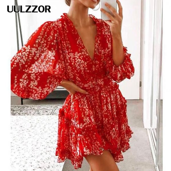 

uulzzor women dresses v-neck backless dress printed elegant lantern sleeve ruffle dresses autumn holiday mini dress vestido, Black;pink