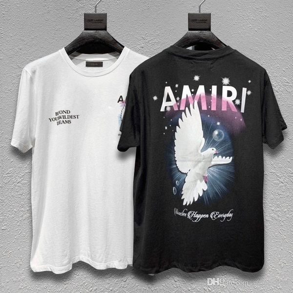 

2020ss amiri peace pigeon print повседневная с коротким рукавом мужская круглая шея хлопчатобумажная футболка tee high quality m-xl, Black;brown