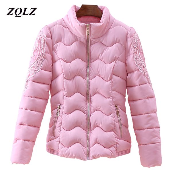 

zqlz embroidered lace autumn cotton coat female 2018 slim casual short women pedded jacket stand collar black outwear mujer