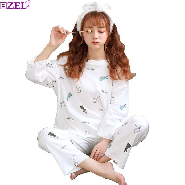 

2019 spring new korean style round neck long sleeve pants women cotton cute cartoon printed pajamas set loose homewear sleepwear, Blue;gray