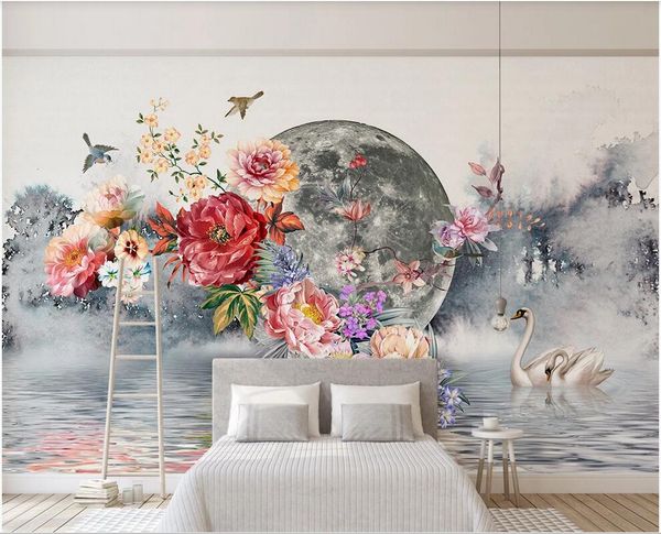 

wdbh 3d wallpaper custom p modern new chinese style abstract ink flower bird moon tv background wall wallpaper for walls 3 d