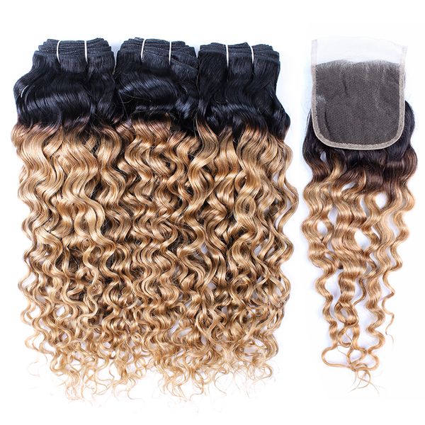 

Ki hair 1b 27 ombre honey blonde water wave human hair weave 3 4 bundle with lace clo ure brazilian virgin hair