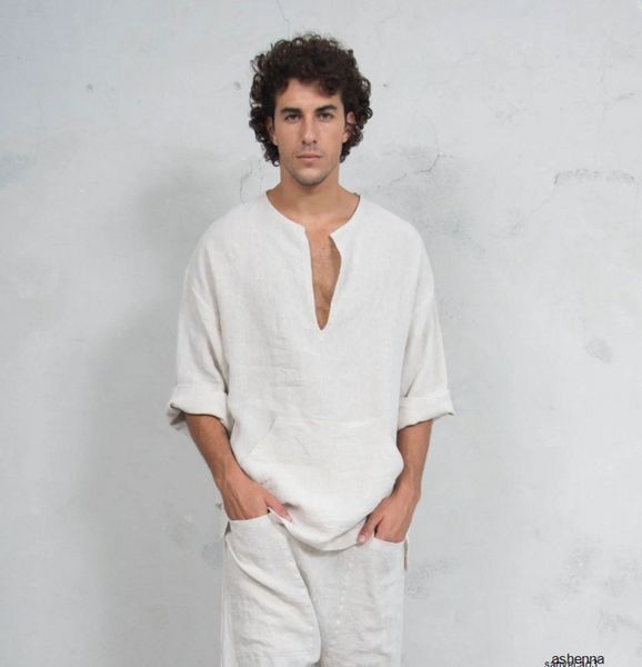 

mens designer t shirt male cotton and linen ethnic group wind v collar horn sleeve loose long sleeve t shirtm1dch, White;black