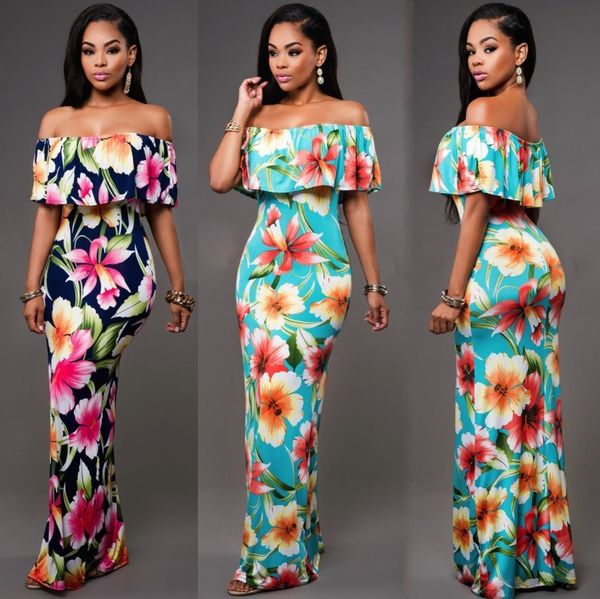 

summer maxi floral printed dresses women long dresses 2019 off the shoulder beach dresses sheath bodycon floor-length holiday fs1179, Black;gray