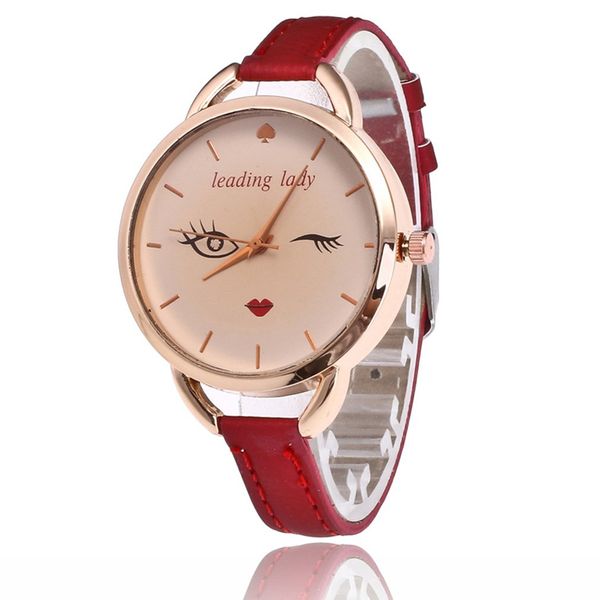 

lady pattern quartz watch red lip wink pu leather band round dial wrist watch women chronograph fashion sweety gift simple, Slivery;brown