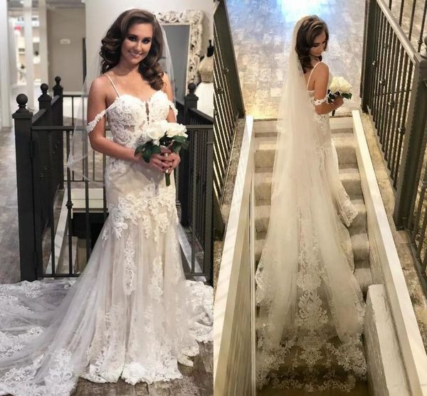 

ivory straps spaghetti lace mermaid wedding dresses tulle long wedding bridal gowns vintage summer beach wedding gowns court train, White
