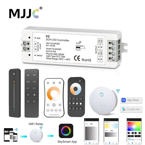 12V 24V Controlador LED CCT 2CH RF Remoto Sem Fio 2,4G 10A 24v DC 12V Dimmer Inteligente Wi-Fi Smart para dupla cor única branca LED Luz de tira