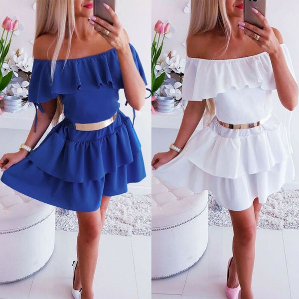

new style women's dresses boho ruffle chiffon summer party ruffles slash neck beach short mini dress sundress fashion 2019, Black;gray