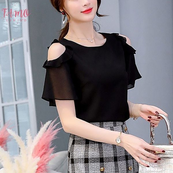 

womens black white chiffon blouses summer ladies causal off shoulder ruffles shirts women o neck short sleeve solid 2020