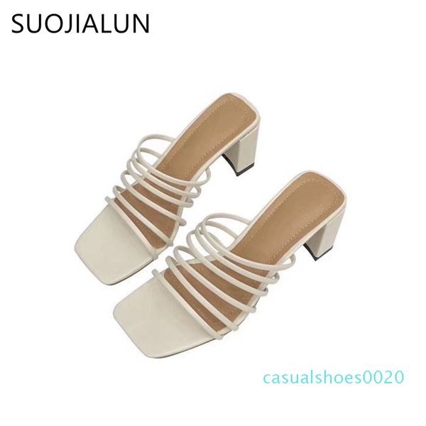 

suojialun women high heels slipper slip on square heel women summer outdoor sandal fashion thin strap slipper elegant shoe c20, Black