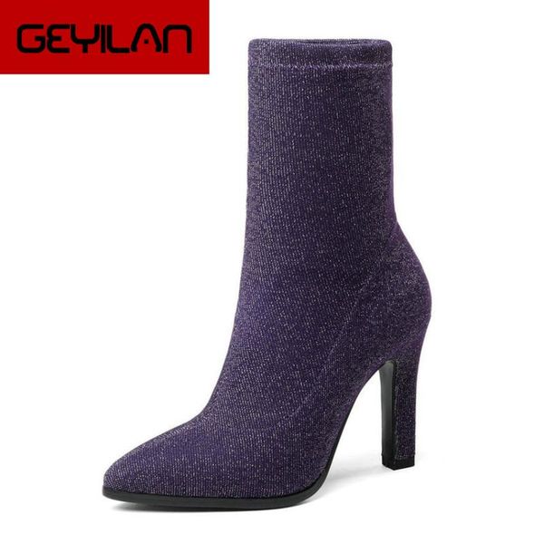 

2019 women boots stretch fabrics mid calf boots autumn shoes bling thin high heel pointed toe ladies size yhj90, Black