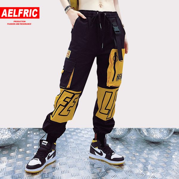 

aelfric new fashion ribbon buckle zip hop hop letter print pants women harajuku patchwork streetwear casual sweatpants joggers, Black;white