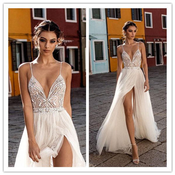 

gali karten 2019 beach wedding dresses side split spaghetti illusion boho a-line wedding dresses pearls backless bohemian bridal gowns, White