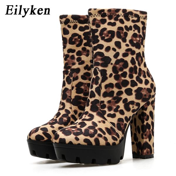 

eilyken fashion leopard grain thick high heels women boots fashion zip shoes platform female boot plus size 41 42, Black