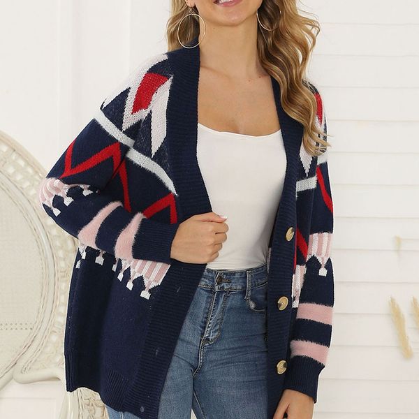 

women sweater fashion casual patchwork button long sleeve knitted sweater loose winter warm cardigan female #45, White