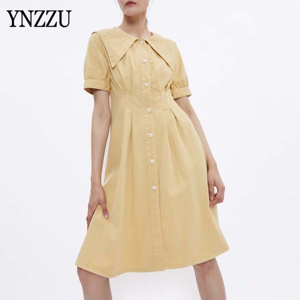

casual women yellow pleated dresses 2020 summer big turn down collar female denim dress jeans puff sleeve vestidos ynzzu yd444, Black;gray