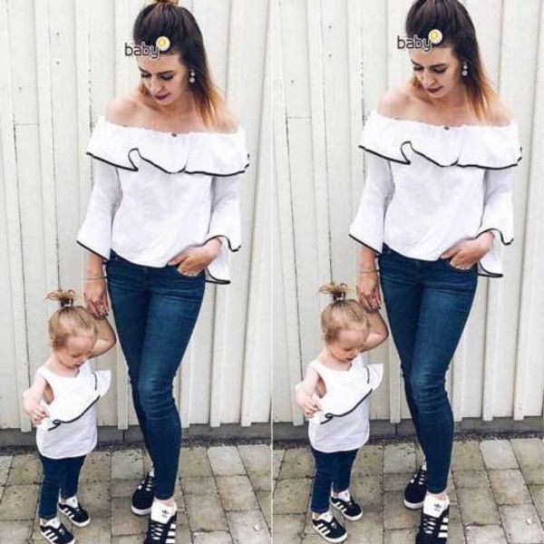 

2019 new fashion women casual off shoulder slash neck t-shirt long sleeve loose kids sleeveless ruffles t-shirt, Blue