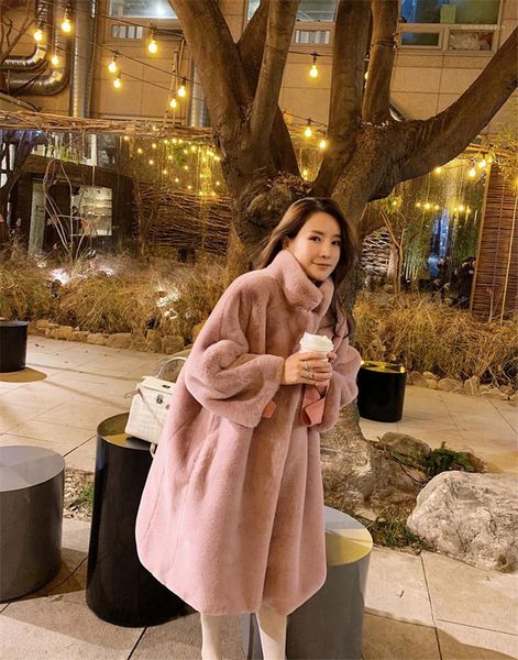 

coats winter faux fur womens coats designer solid pink color fashion warm clothes casual luxury long, Black