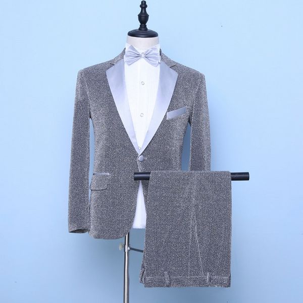 

jacket+bow tie+pants) men's three-piece suit stage suit wedding dress shiny print male fashion slim suits wedding sets, White;black