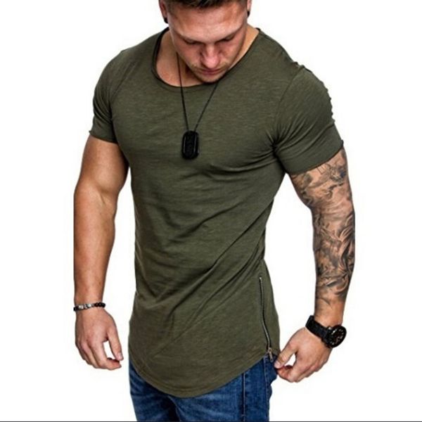 Venda quente masculino lado Zipper Verão T Shirt Slim Fit Magrinha Cor Sólida Tshirt Swag Hem Hip Hop T-shirt Para Homens Curva Streetwear M-3XL