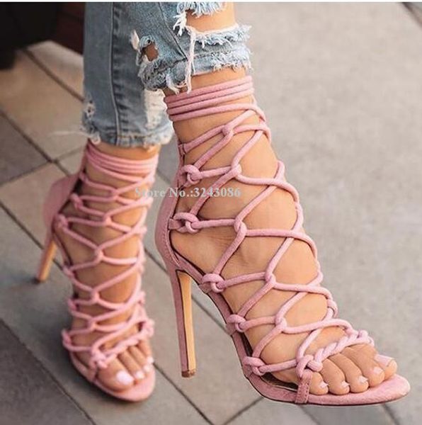

lady new ropes crossover strap stiletto heel sandals shoes women peep toe concise style hollow out dress sandals fashion, Black