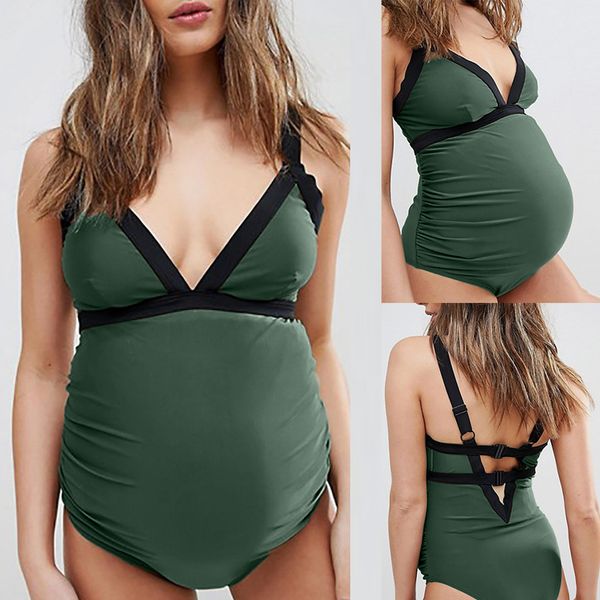 

one piece bathing suit v neck maternity tankini women solid strappy swimsuit bikinis halter pregnant biquini 2020, White