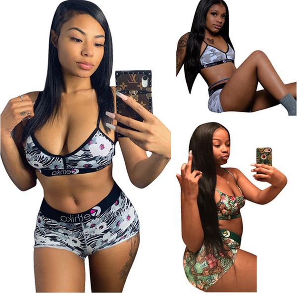 

fashion ethika women swimwear tiger floral design tracksuit sleveless vest tanks + shorts two piece outfits summer swimsuit bikini suit 2020, Blue